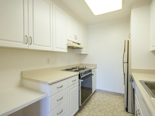 kitchen with gas range, light tile floors, white cabinets, dishwasher, and fridge