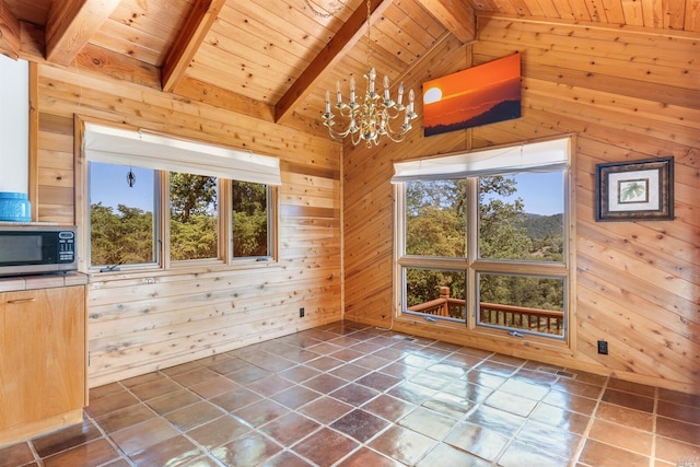 interior space with dark tile flooring, wood ceiling, a chandelier, lofted ceiling with beams, and wood walls