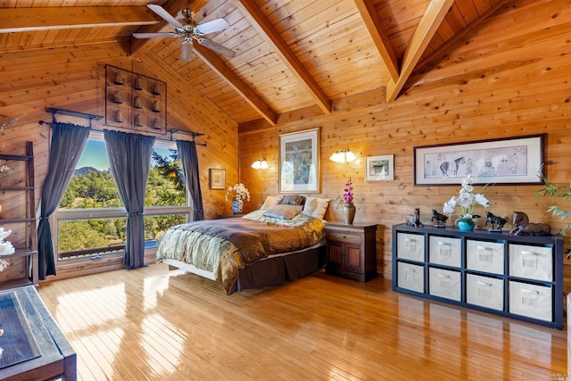 bedroom with wooden ceiling, beamed ceiling, and light hardwood / wood-style floors