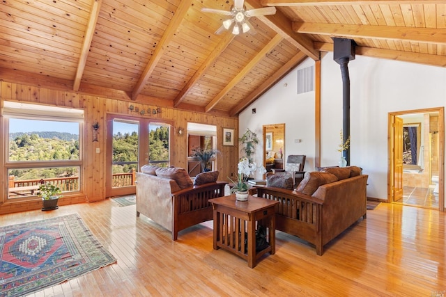 living room featuring high vaulted ceiling, ceiling fan, beamed ceiling, light hardwood / wood-style flooring, and a wood stove