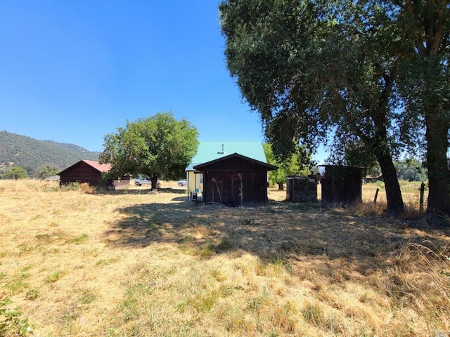 view of yard featuring a mountain view and a storage unit