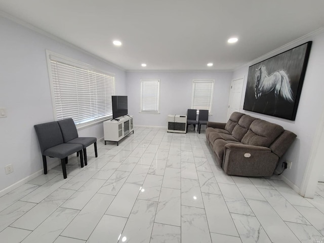 tiled living room featuring ornamental molding