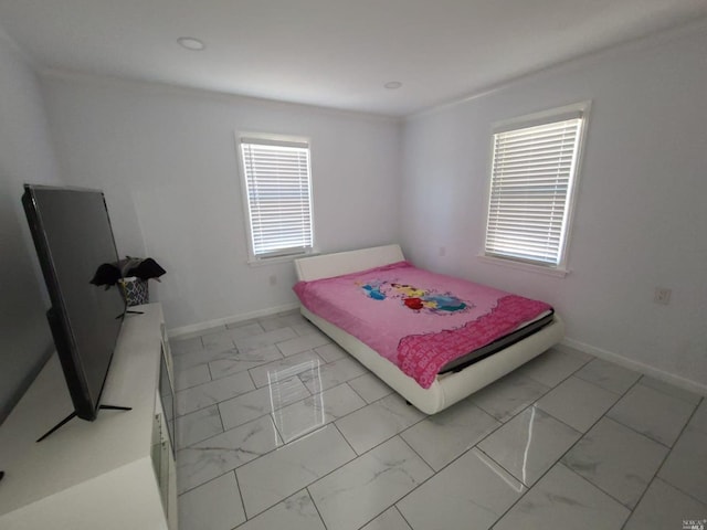 tiled bedroom with multiple windows