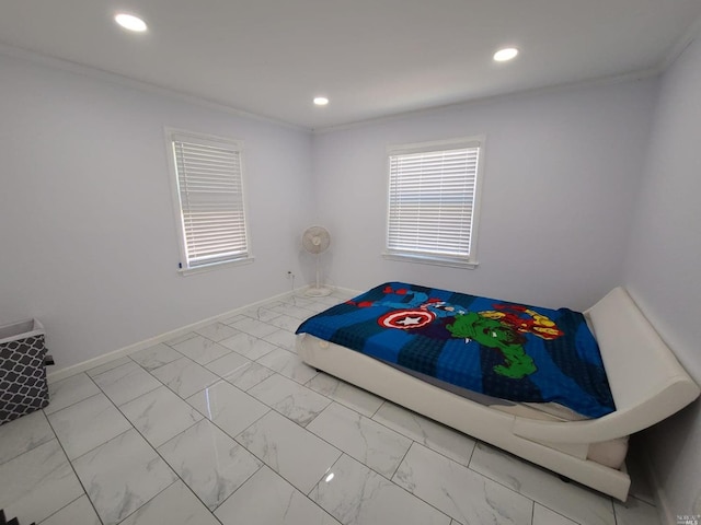 bedroom featuring light tile flooring and ornamental molding