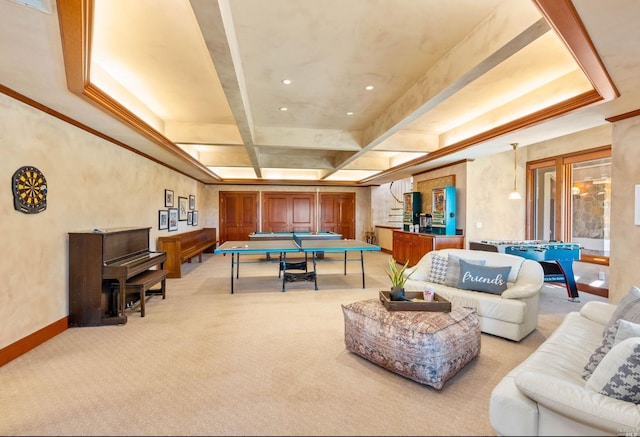 living room featuring a raised ceiling and light colored carpet