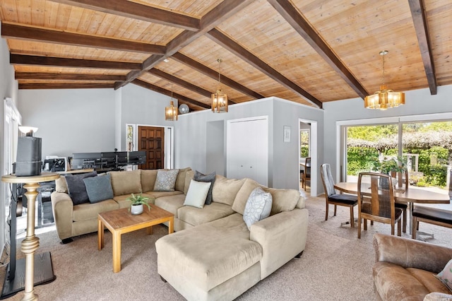 carpeted living room featuring high vaulted ceiling, beam ceiling, wooden ceiling, and a chandelier