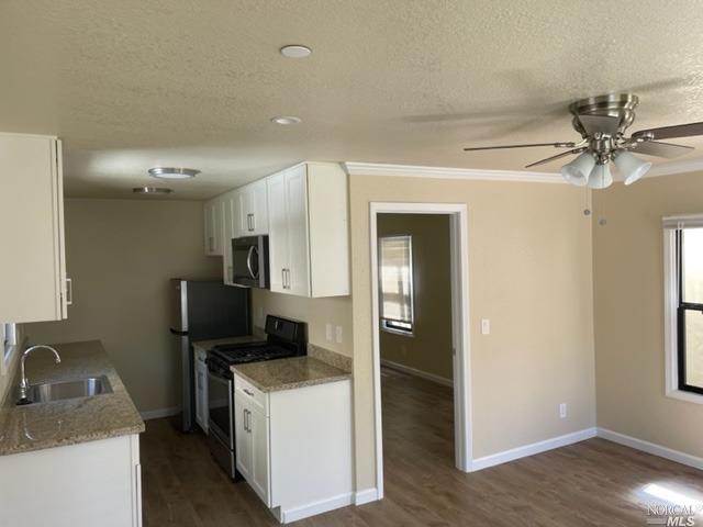 kitchen with stove, white cabinetry, sink, and dark wood-type flooring