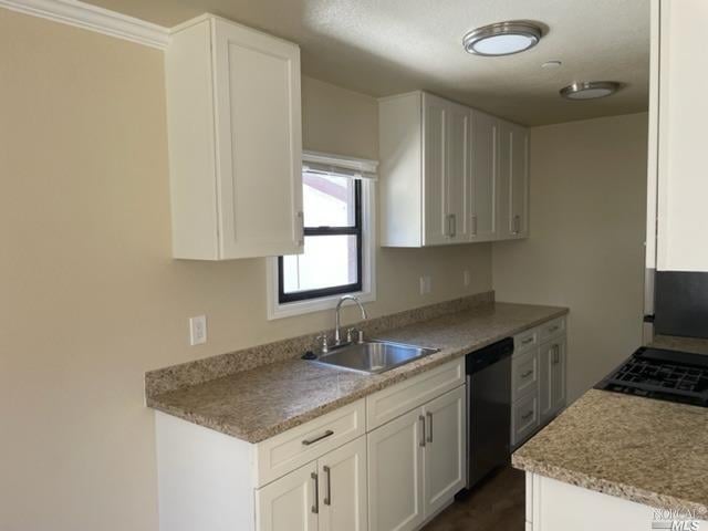 kitchen featuring light stone countertops, sink, white cabinetry, dishwasher, and stainless steel gas cooktop