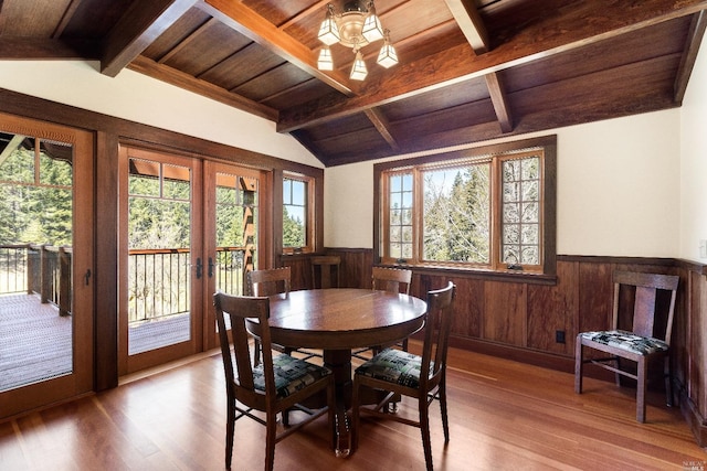 31650 Sherwood Rd, Willits, CA 95490 - dining room featuring wood finished floors, a wainscoted wall, and wood ceiling
