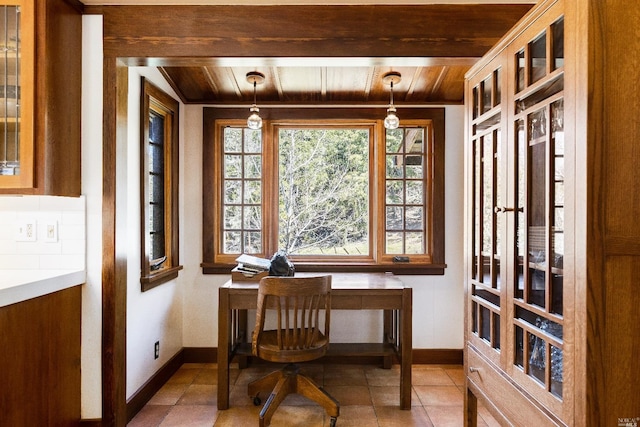 31650 Sherwood Rd, Willits, CA 95490 - office area featuring light tile patterned flooring, baseboards, and wooden ceiling