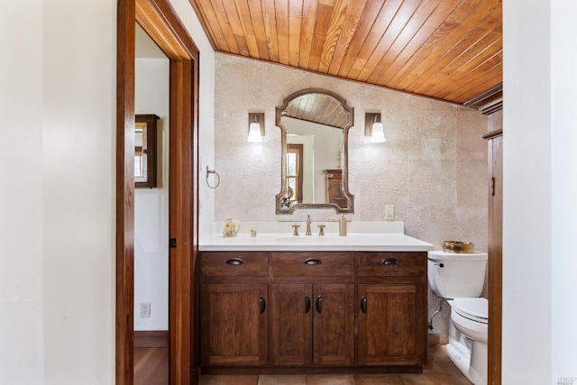 31650 Sherwood Rd, Willits, CA 95490 - half bath featuring vanity, toilet, and wood ceiling
