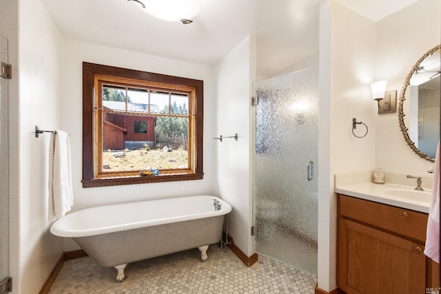 31650 Sherwood Rd, Willits, CA 95490 - bathroom with baseboards, a freestanding tub, tile patterned flooring, a shower stall, and vanity