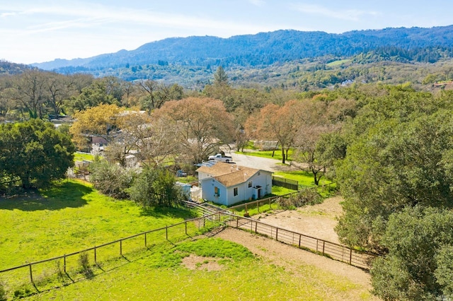 bird's eye view featuring a rural view and a mountain view