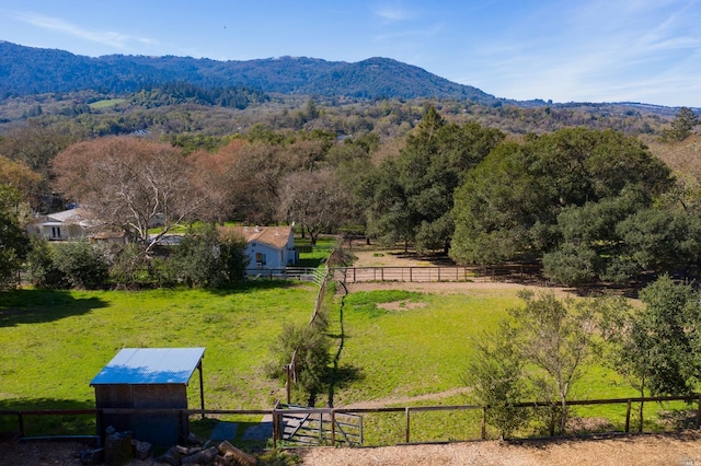 birds eye view of property with a rural view and a mountain view