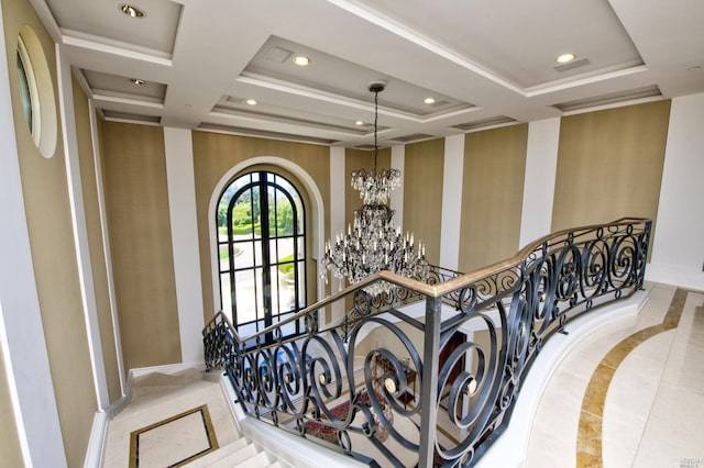 interior space with an inviting chandelier, coffered ceiling, and light tile floors