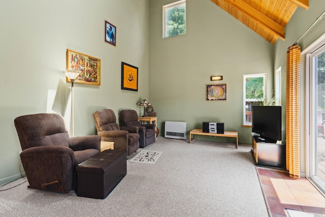 living room with light colored carpet, high vaulted ceiling, wood ceiling, and beam ceiling