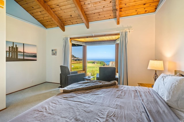 bedroom with light colored carpet, wood ceiling, and lofted ceiling with beams