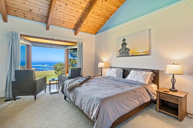 carpeted bedroom with lofted ceiling with beams, a water view, and wooden ceiling