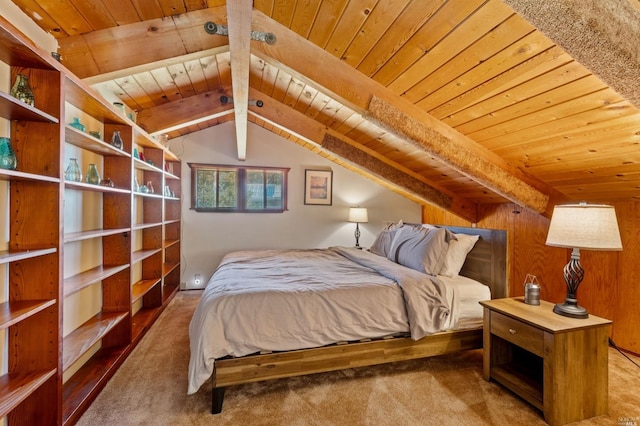 bedroom featuring carpet flooring, wood ceiling, and lofted ceiling with beams