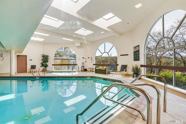 view of swimming pool with a skylight and sink