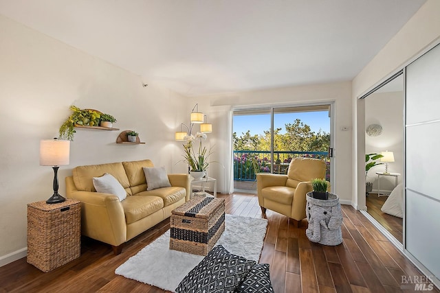 living room with dark hardwood / wood-style flooring