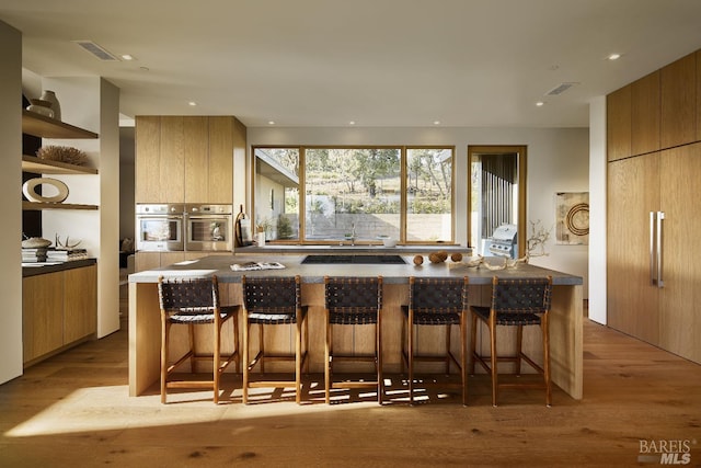 kitchen featuring modern cabinets, stainless steel oven, and open shelves