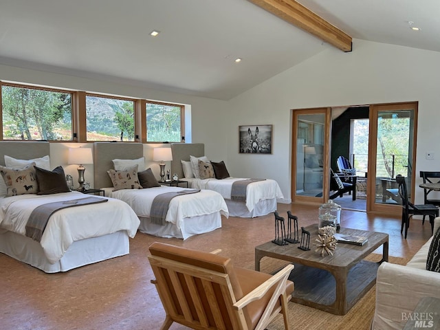 bedroom featuring vaulted ceiling with beams and recessed lighting