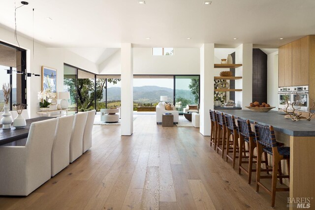 kitchen featuring light wood finished floors, modern cabinets, dark countertops, a mountain view, and oven