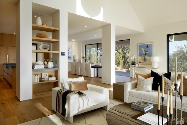 living area featuring high vaulted ceiling, a wealth of natural light, built in shelves, and light wood-style floors
