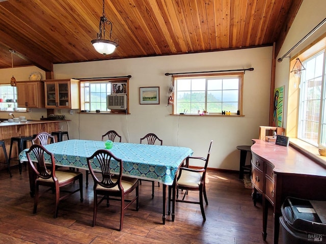 dining area featuring dark hardwood / wood-style flooring, beamed ceiling, and wooden ceiling