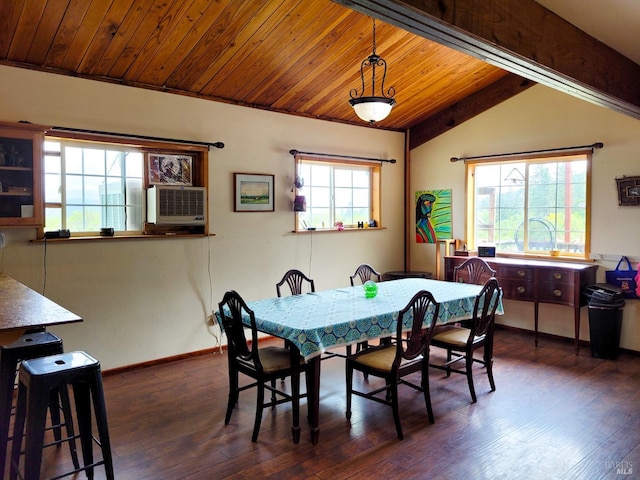 dining area featuring wooden ceiling, dark wood-type flooring, and vaulted ceiling