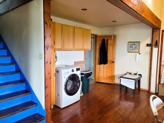 laundry area with washer / clothes dryer, cabinets, and dark hardwood / wood-style floors