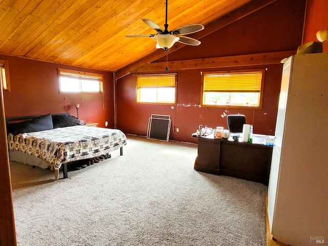 bedroom with lofted ceiling, wooden ceiling, white refrigerator, carpet flooring, and ceiling fan