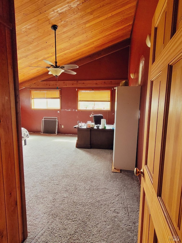 corridor featuring carpet, lofted ceiling, and wooden ceiling