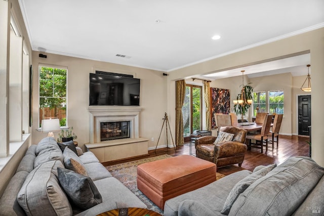 living room with a notable chandelier, crown molding, and dark hardwood / wood-style floors