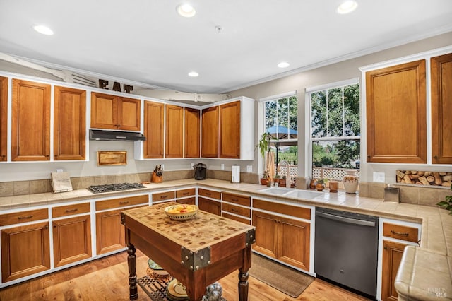 kitchen with light hardwood / wood-style floors, stainless steel appliances, sink, and tile countertops