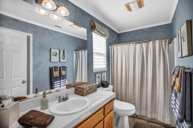 bathroom with toilet, tile floors, oversized vanity, and crown molding