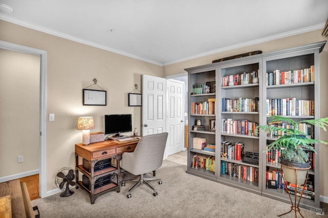 home office with crown molding and light colored carpet