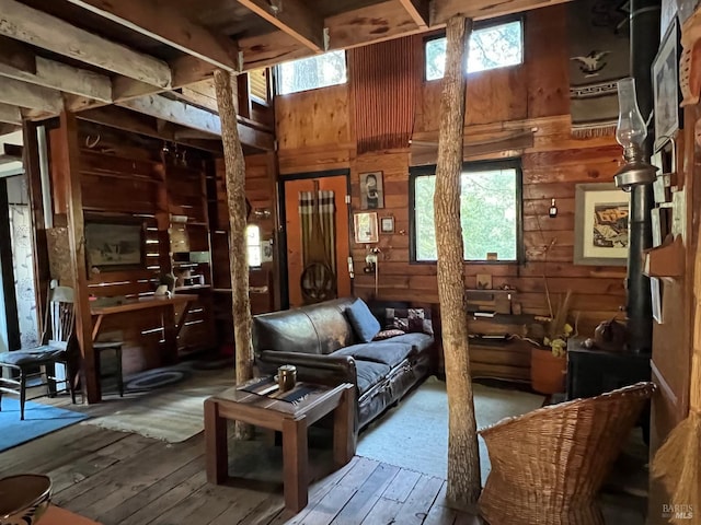 sitting room with wood walls and dark hardwood / wood-style flooring