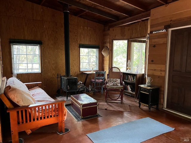 interior space with a wood stove, wooden walls, and plenty of natural light