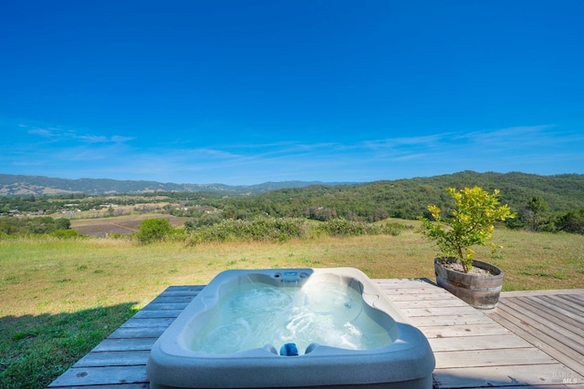 view of pool featuring a deck with mountain view