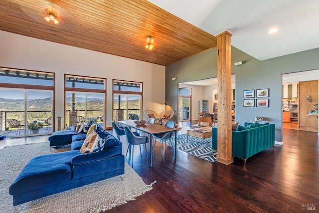 living room featuring plenty of natural light, dark wood-type flooring, and high vaulted ceiling