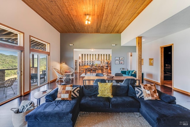 living room with wooden ceiling and dark hardwood / wood-style flooring