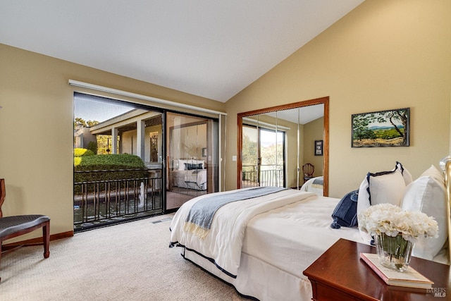 bedroom featuring a closet, carpet flooring, access to outside, and high vaulted ceiling