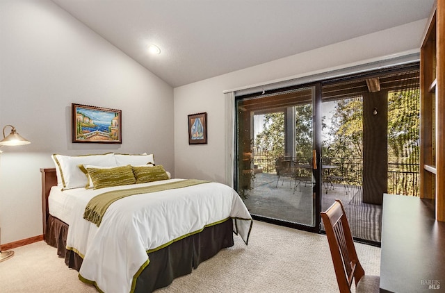 bedroom with light carpet, access to exterior, and lofted ceiling