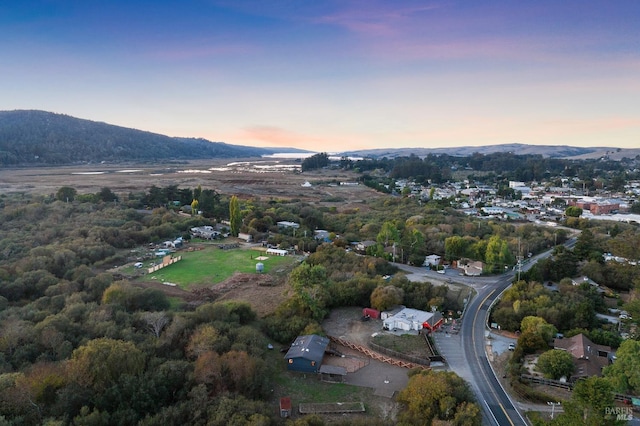 aerial view at dusk with a mountain view