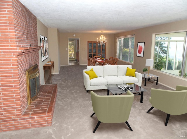 living room with a notable chandelier, a textured ceiling, carpet floors, brick wall, and a fireplace