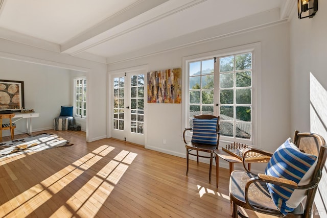 sunroom / solarium with beamed ceiling and french doors