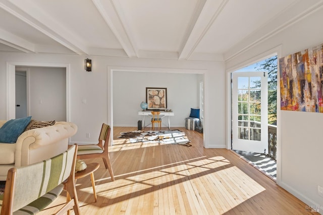 dining room featuring beam ceiling and hardwood / wood-style floors