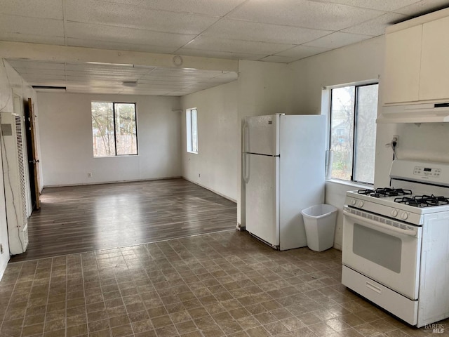 kitchen featuring hardwood / wood-style flooring, premium range hood, white appliances, and plenty of natural light